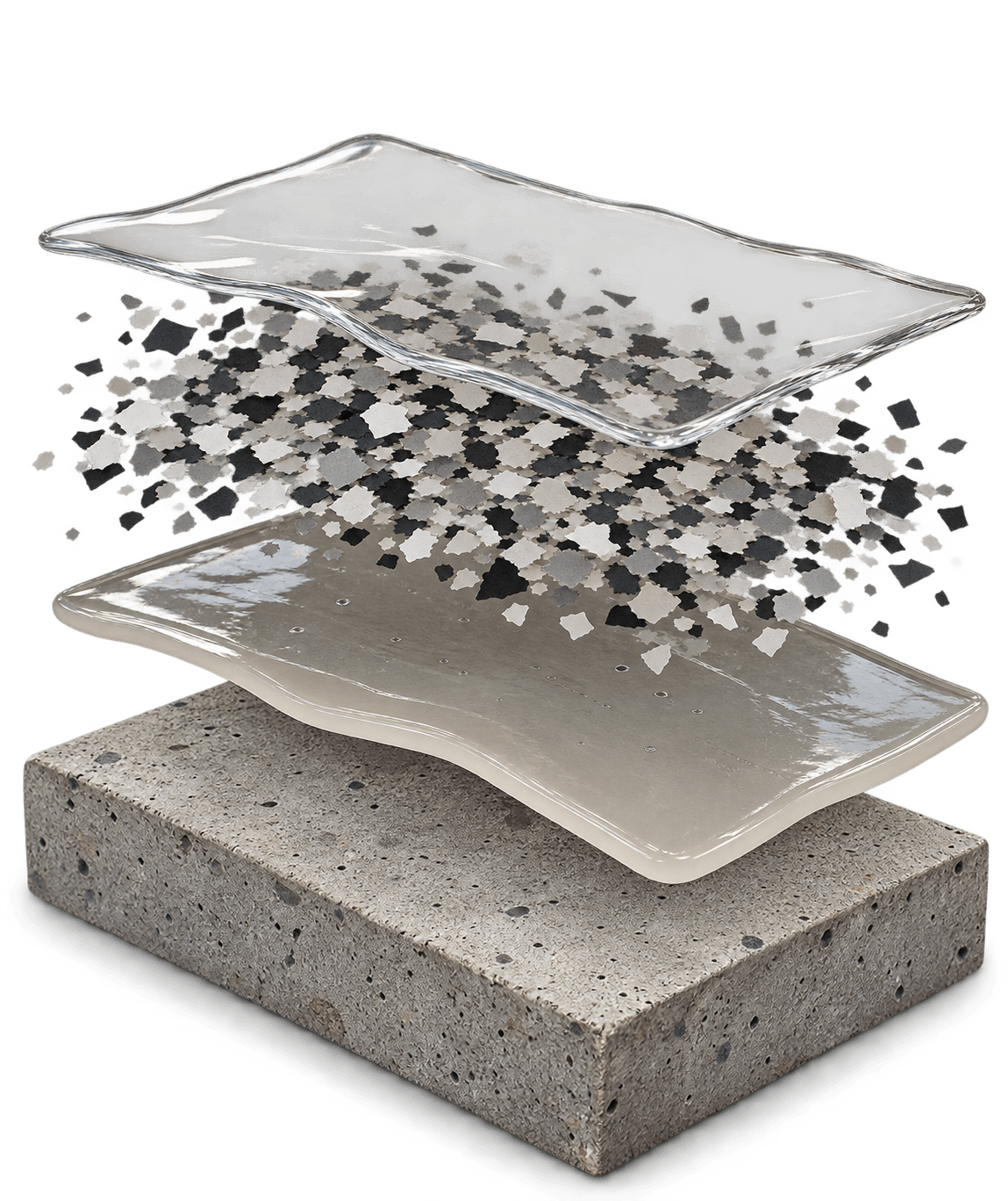 Exploded view of a DENSE floor: clear topcoat, full broadcast flake, base coat, and the prepared concrete slab.